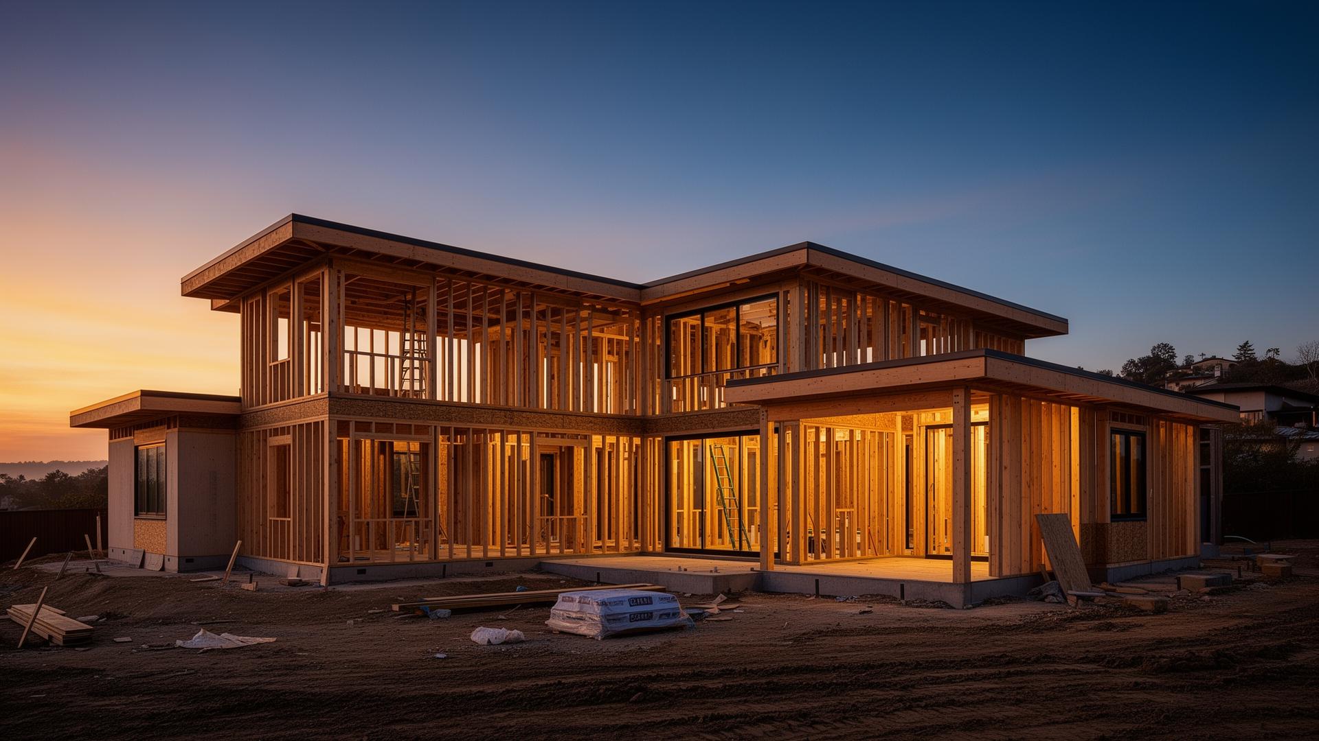 Modern residential framing at golden hour by Framework Builders & Roofing