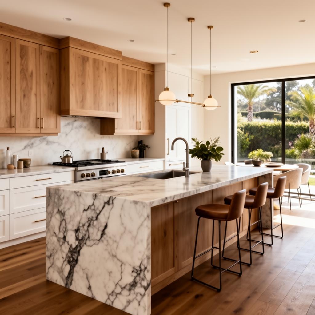 Warm modern kitchen with custom cabinetry and stone island